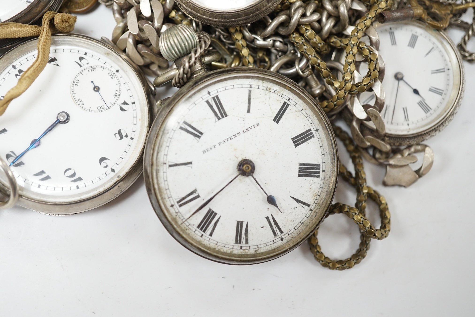 Three assorted silver pocket watches, including a hunter by Cometti, Lewes, two white metal pocket watches and two Swiss white metal fob watches, together with assorted chains including 925. Condition - poor to fair